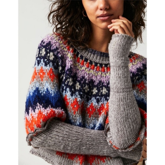 NWT FREE PEOPLE Home For The Holidays Sweater / Heather Grey Combo - Picture 3 of 12